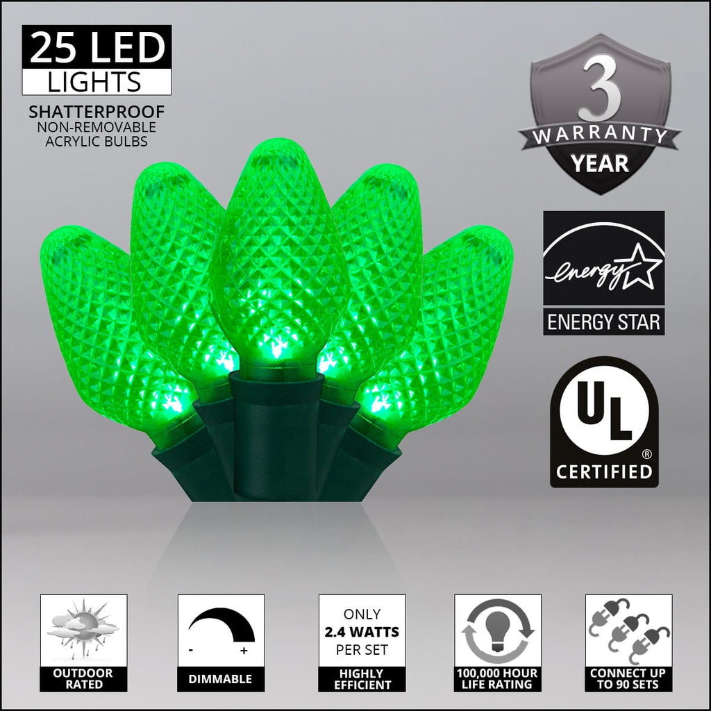 Wintergreen Lighting 25ct C7 LED Multi-Color Christmas Lights, 8" Spacing – Green Wire