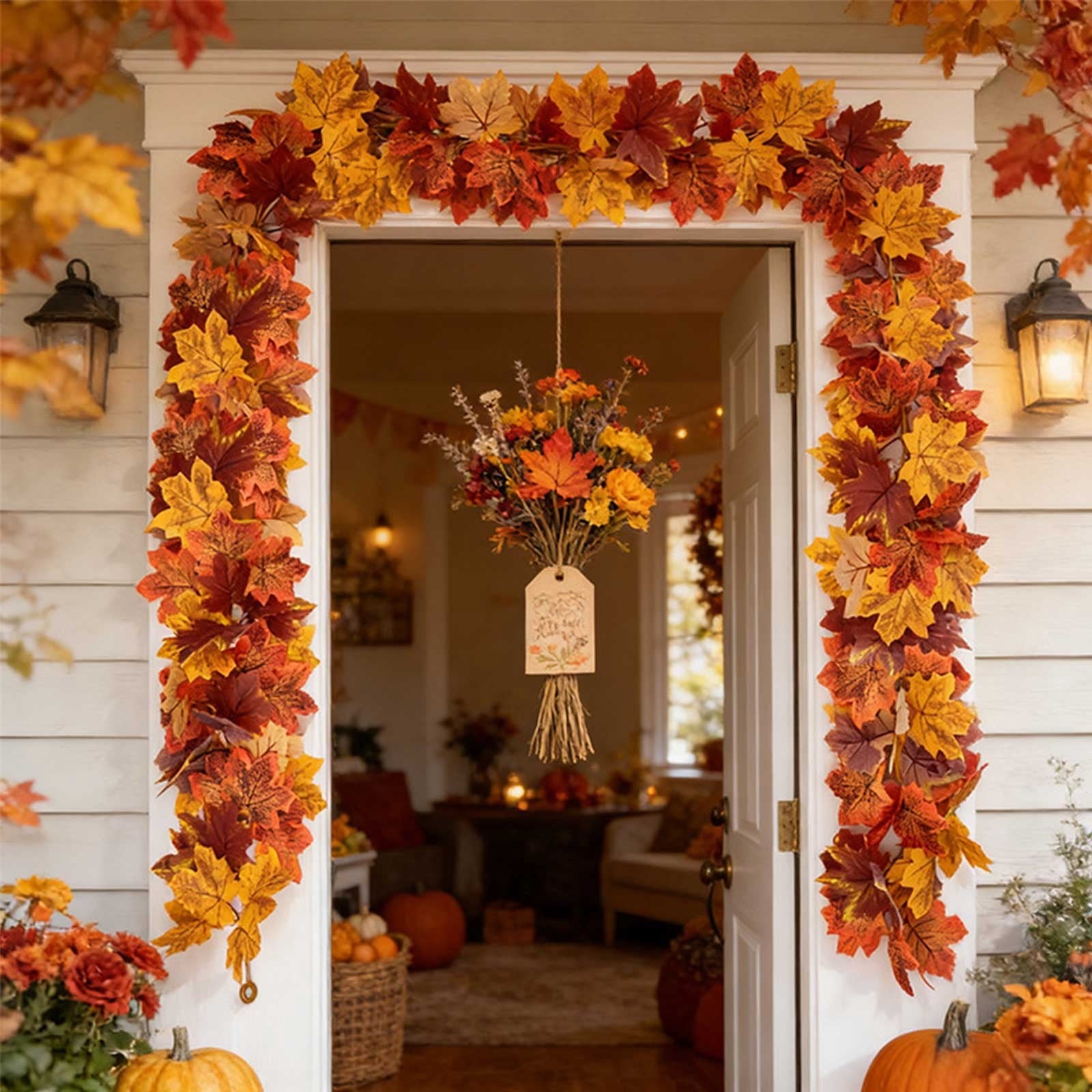 WKSCLPAI Halloween Maple Leaf Garland, Fall Vine Wreaths for Autumn Festivities Decor,Seasonal Garlands for Home,Halloween & Fall Decorations