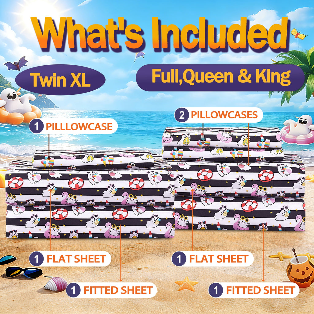 Summerween Crafted by Catherine Full 4-Piece Sheet Set, Black & White Nautical Ghosts