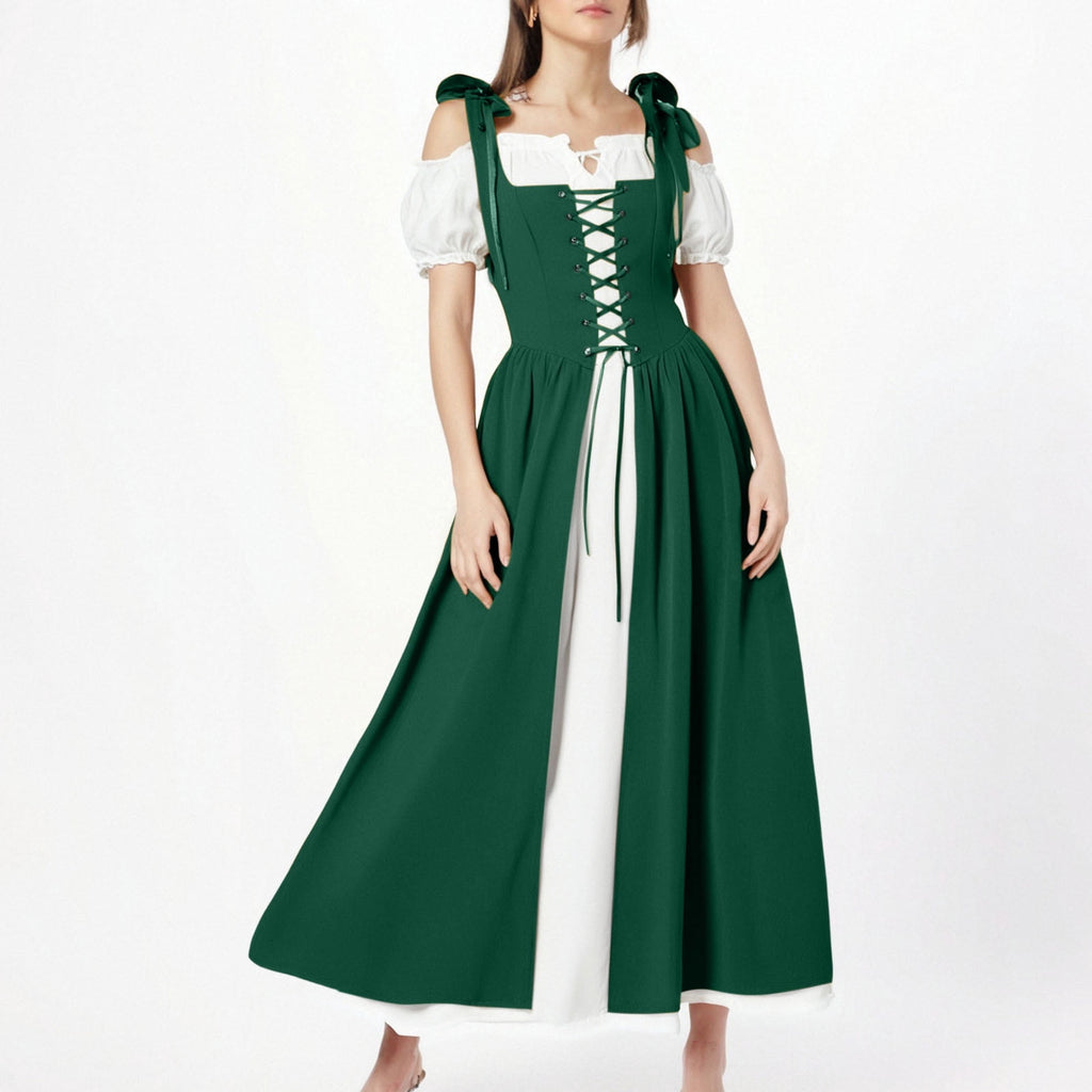 QATAINLAV Renaissance Costume Women Vintage Medieval Dress Cold Shoulder Short Sleeve Peasant Pirate Irish Maxi Dresses, Black, L