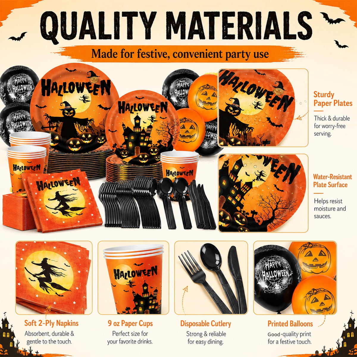 Halloween Paper Plates for Halloween Party Decoration Disposable Cups Napkins Table Cover Balloons Banner for Halloween Birthday Party Supplies Serve 20 Design2
