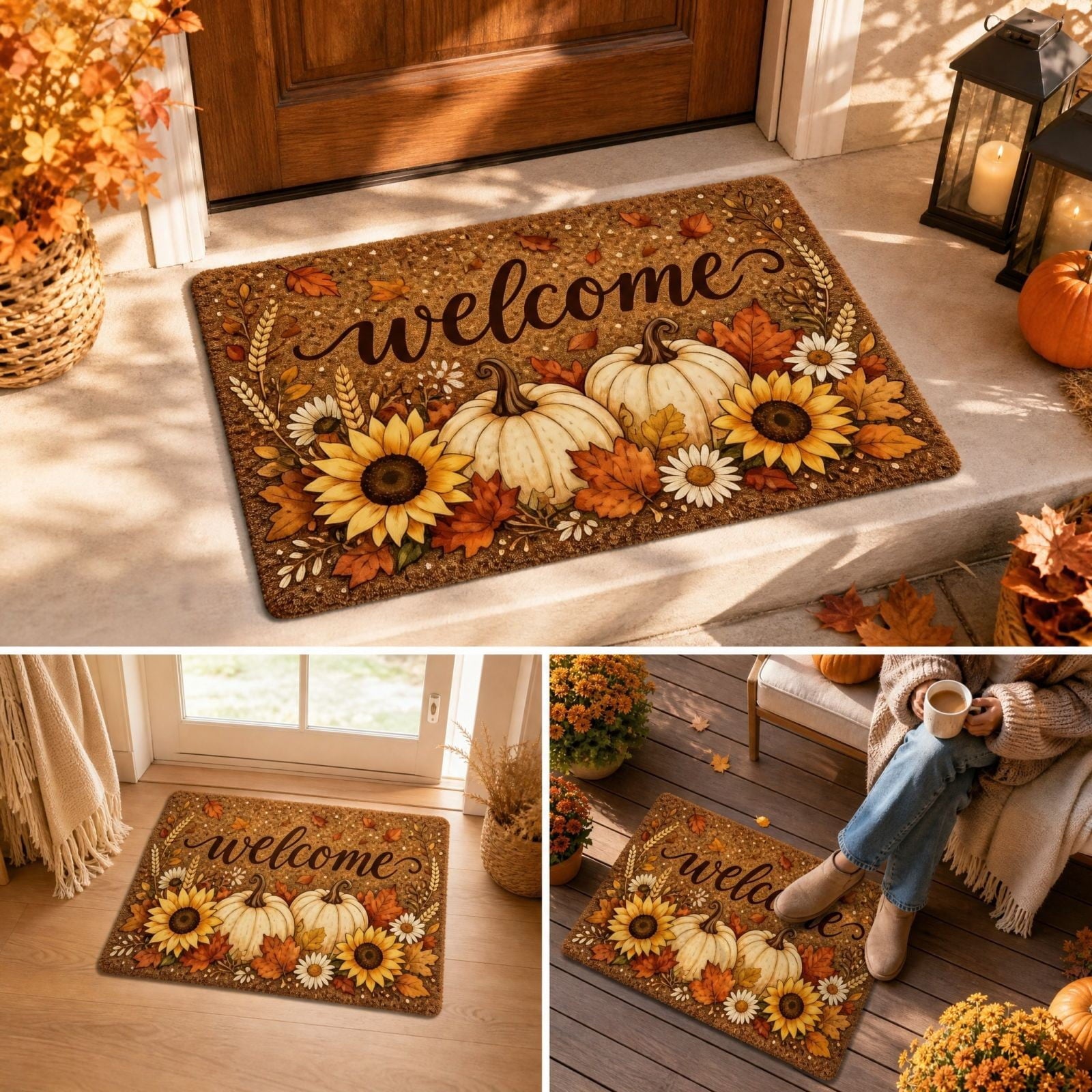 syligr Halloween Thanksgiving Doormat with Maple Leaf & Pumpkin Patterns - Non-Slip Floor Mat for Entryway, Kitchen, Porch, Fall Harvest Decor Rug with Anti-Fatigue Backing, Gift for Thanksgiving