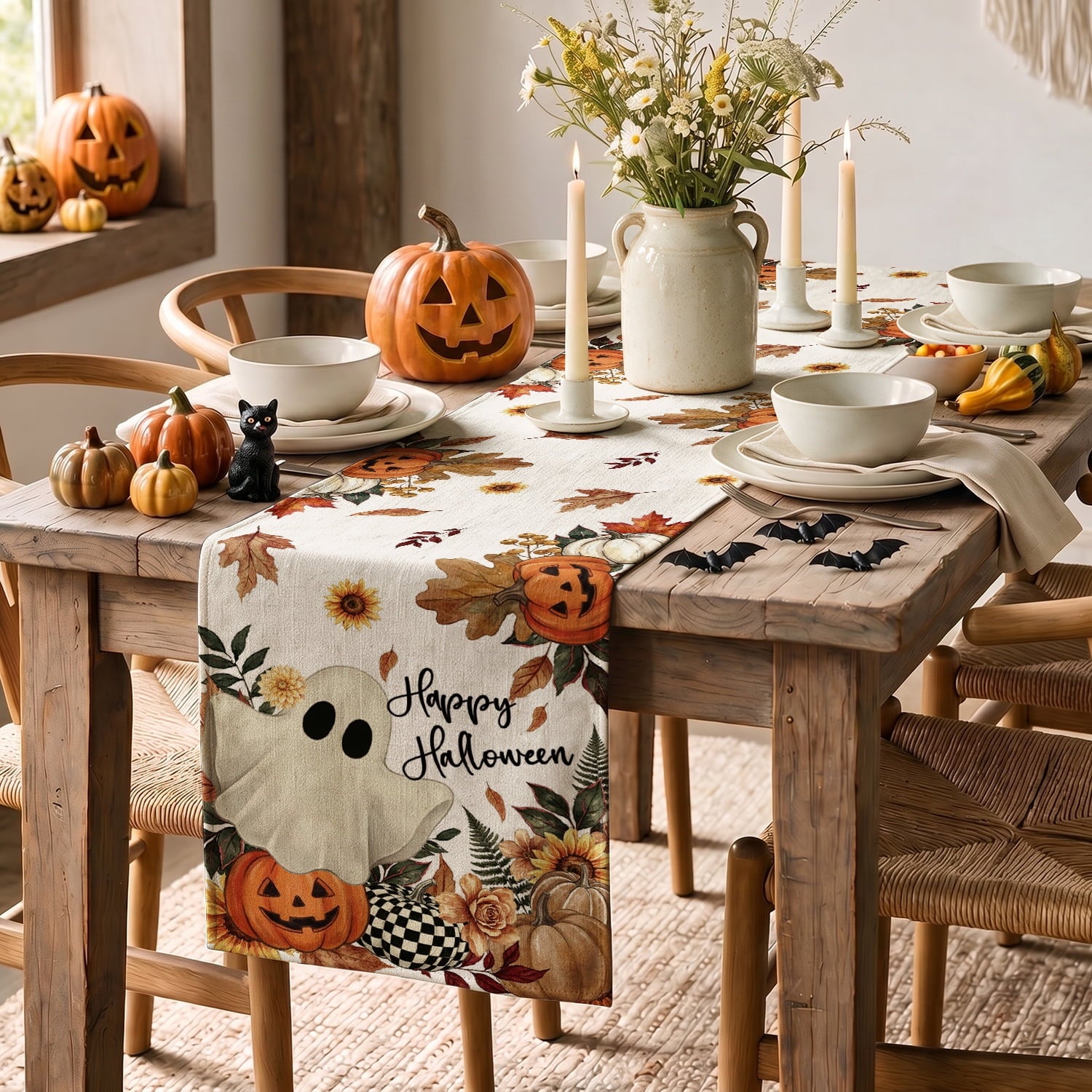 Sm:)e Halloween Table Runner Ghost Pumpkin 13x72 Inch, Halloween Party Kitchen Dining Indoor Outdoor Decorations,Orange