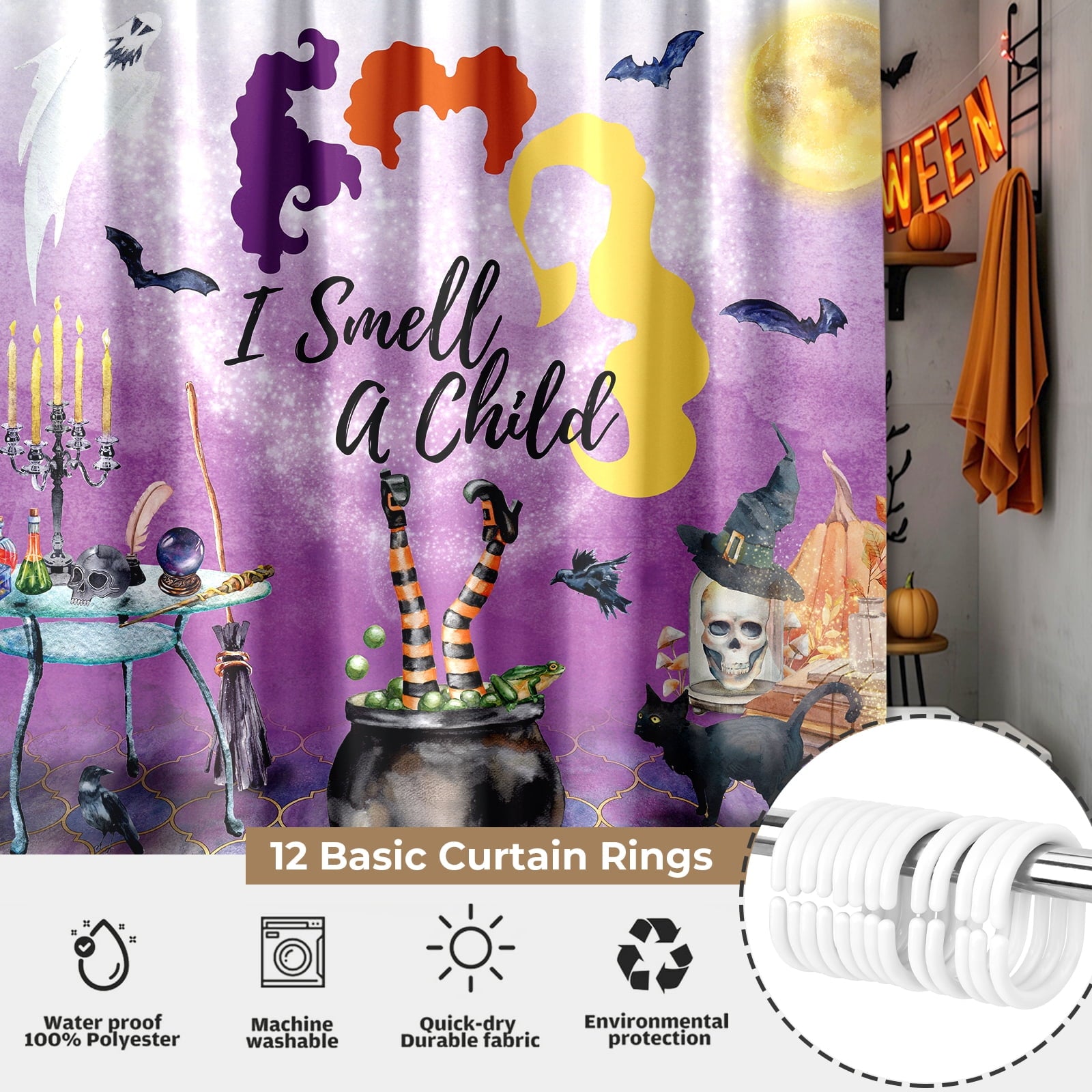 Seasonwood Halloween Shower Curtain,Spooky Halloween Black Cat Shower Curtain,Waterproof Halloween Bathroom Decor with 12 hooks,72"x72"
