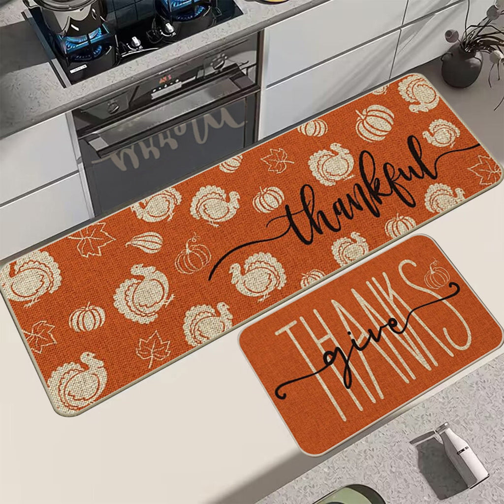Decorative Kitchen Floor Mats Set of Two, Fall Theme Pumpkin Turkey Pattern Kitchen Rugs and Mats for Outdoor Indoor Kitchen Decor Halloween Thanksgiving Non-Slip Doormat