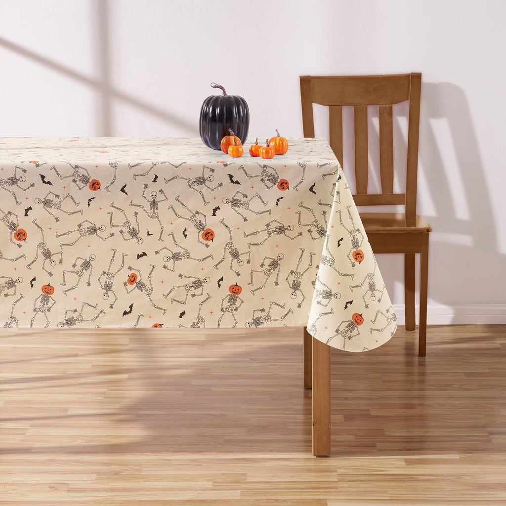 Way To Celebrate Halloween PEVA Tablecloth, For Table 60" x 84" - Skeleton Pumpkin Head Toss