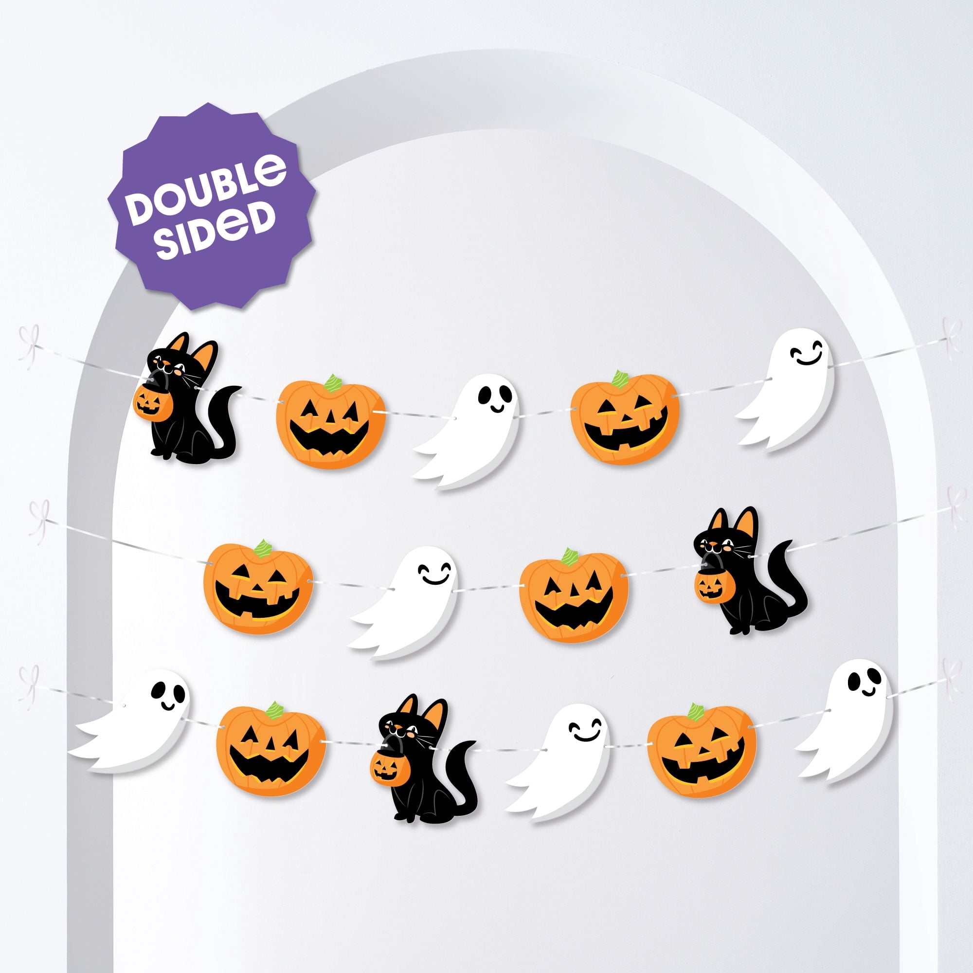 Big Dot of Happiness Jack-O'-Lantern Halloween Garland Banner, Party Decor Backdrop, 30 Feet of Cord, 15 Paper Ghost, Pumpkin, and Black Cat Shapes