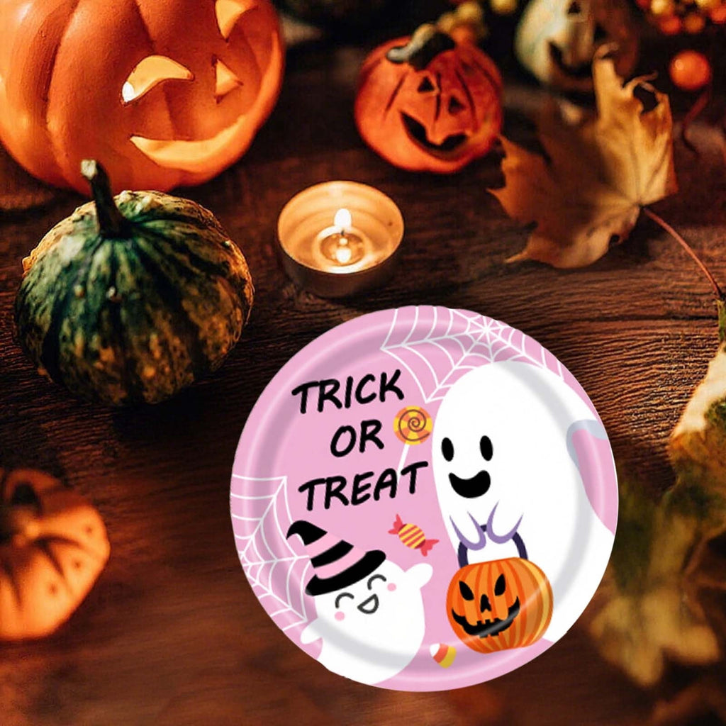 Eoozwa Pink Halloween Party Plates Set 20pcs Disposable Paper Plates and Napkins Cute Pumpkin Ghost Flower Tableware for Halloween Birthday Party Decoration Party Supplies