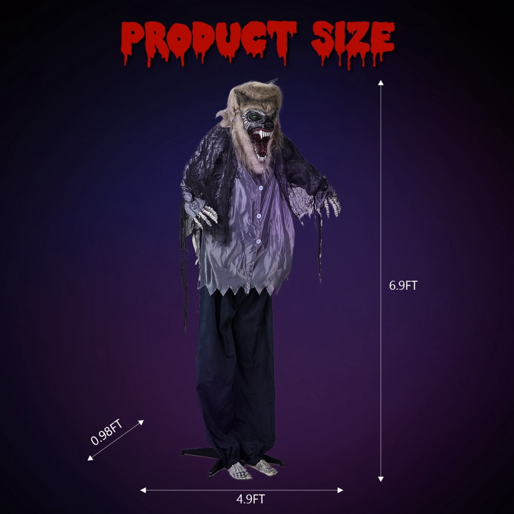 6.9ft Animated Hanging Werewolf - with Glowing Eyes and Creepy Howling Sound Halloween Decorations, Outdoor Haunted House Prop Decor, Grey