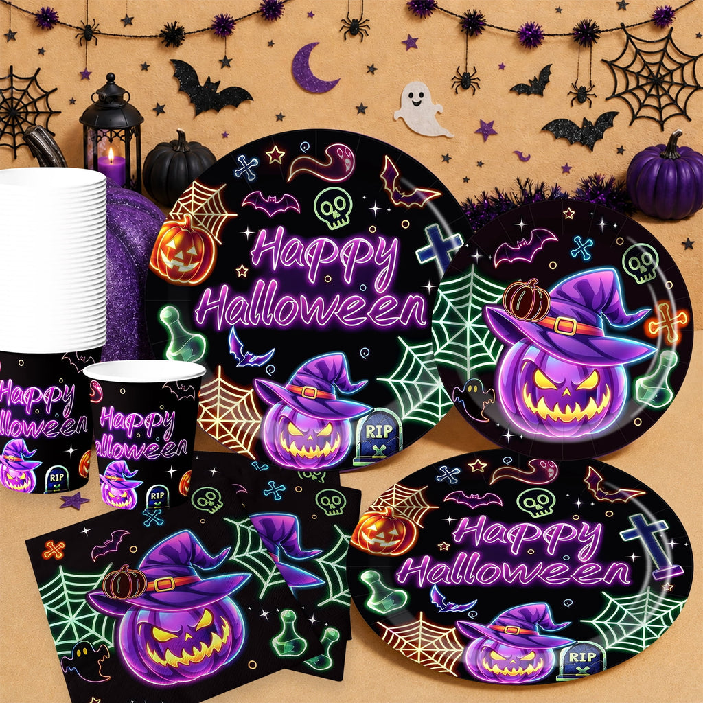 Wowhub Boo Ghost Pumpkin Halloween Tableware Set Serves 24, Halloween Plates and Napkins, Disposable Summerween Party Supplies with Cups, Cutlery & Tablecloth for Halloween Birthday Decorations