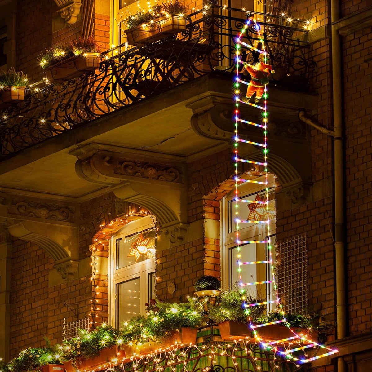 Morfone Christmas Decorations LED Ladder Lights with Climbing Santa Claus, 10.5ft Christmas Decorative String Lights for Indoor Outdoor, Window, Garden, Home, Wall, Xmas Tree Decor, Multicolor