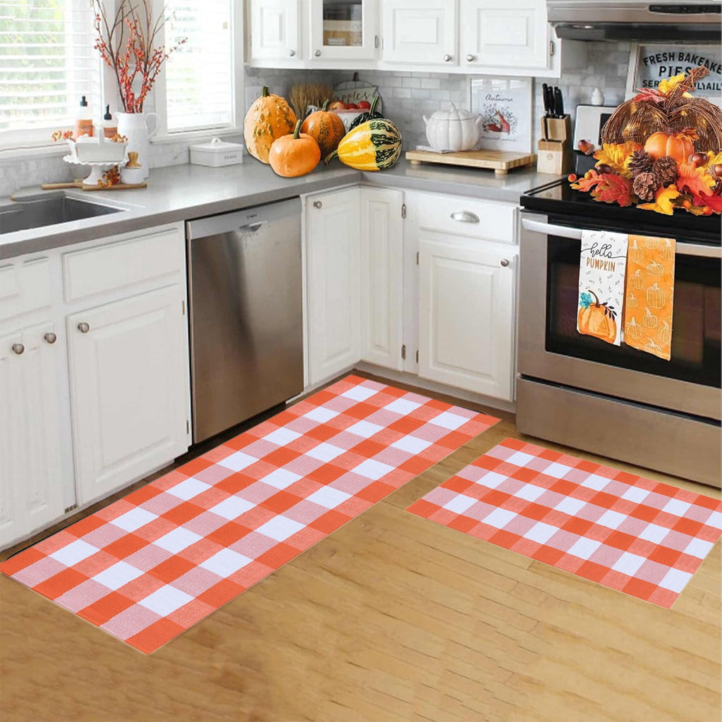 Guozer Fall Outdoor Rug Orange Plaid Outdoor Rug Cotton Hand-Woven Check Rug Layered Doormats For Front Door/Front Porch/Farmhouses/Entryway/Patio 23.6''x 35.4''