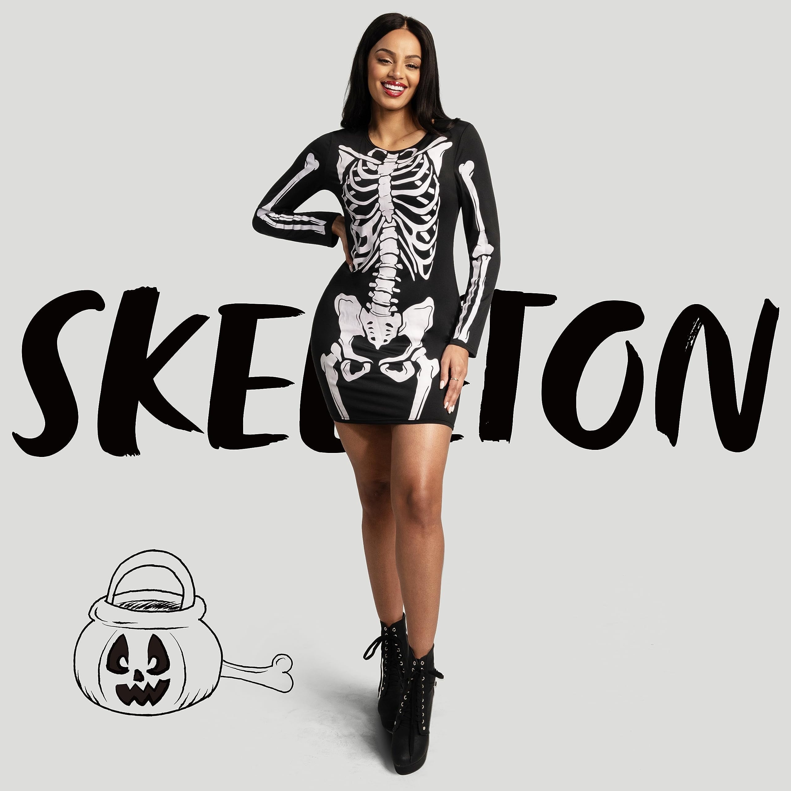Joyfy Glow in the Dark Skeleton Costume for Adults Women Halloween Dress Up Party Role Playing Cosplay