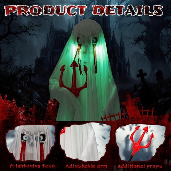 Alvantor Halloween Animated Decorations - 4.3 FT Sound-Activated Ghost with Trident, Green LED Lights and Creepy Sounds