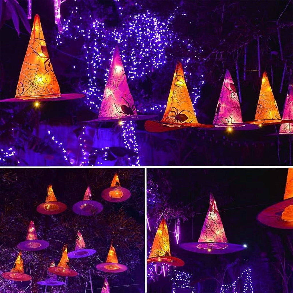 Halloween Decorations 8 Pcs Lighted Hanging Witch Hats, Remote Control with 8 Modes Light Up 14 FT Halloween String Lights, for Indoor Outdoor Yard, Lawn, Graveyard Scenes Party