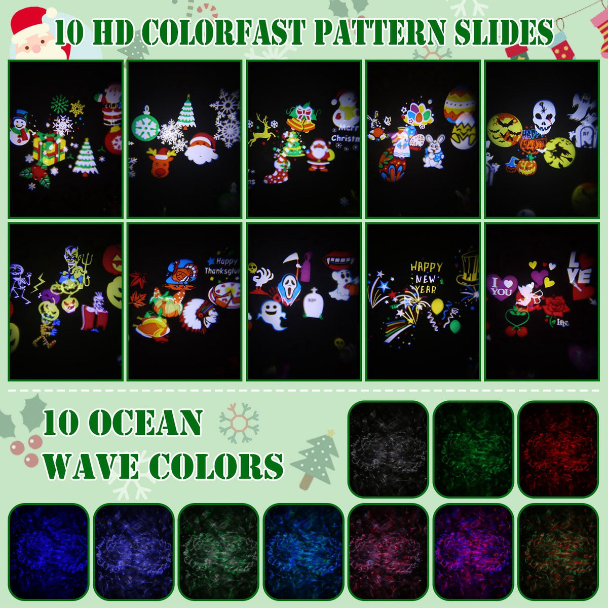 Moclever 2 in 1 Holiday Projector Lights, Indoor Outdoor LED Projection Lamp with 10-Color Ocean Wave 10 HD Slides 3 Bases Remote Control for New Year Christmas Halloween