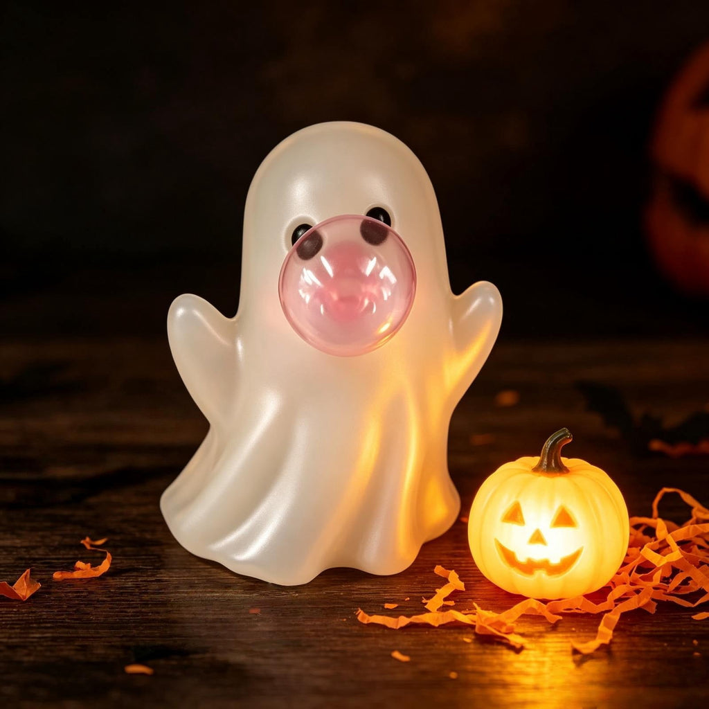 Pink Halloween Decor Ghost Candy Bowl Figurine with Bow and Scalloped Holder for Indoor Tabletop Decor and Party Favor Display