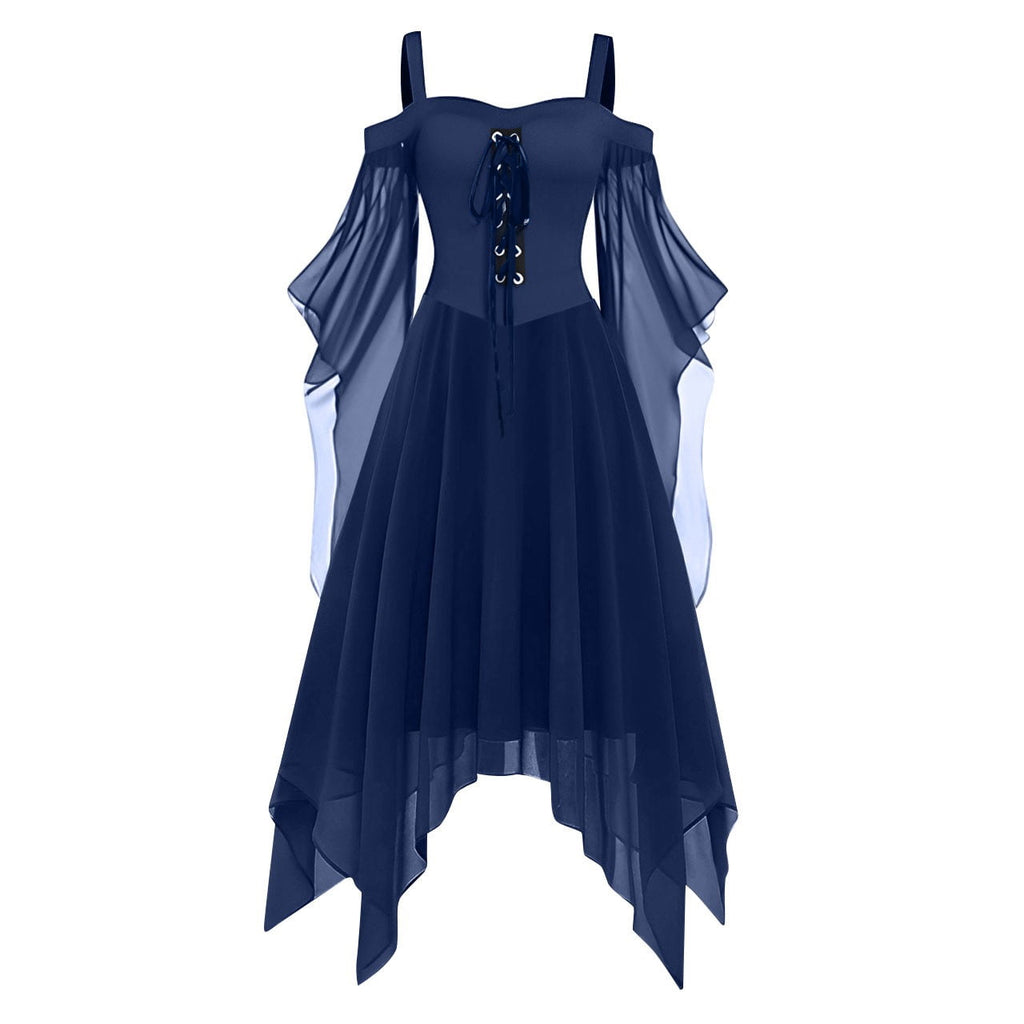 Medieval Renaissance Hooded Dress for Women, Silver Gothic Witch Costume with Lace-Up Corset, Vintage Velvet Long Sleeve Gown for Halloween Cosplay Renaissance Wedding Themed Party-Dark Blue/L
