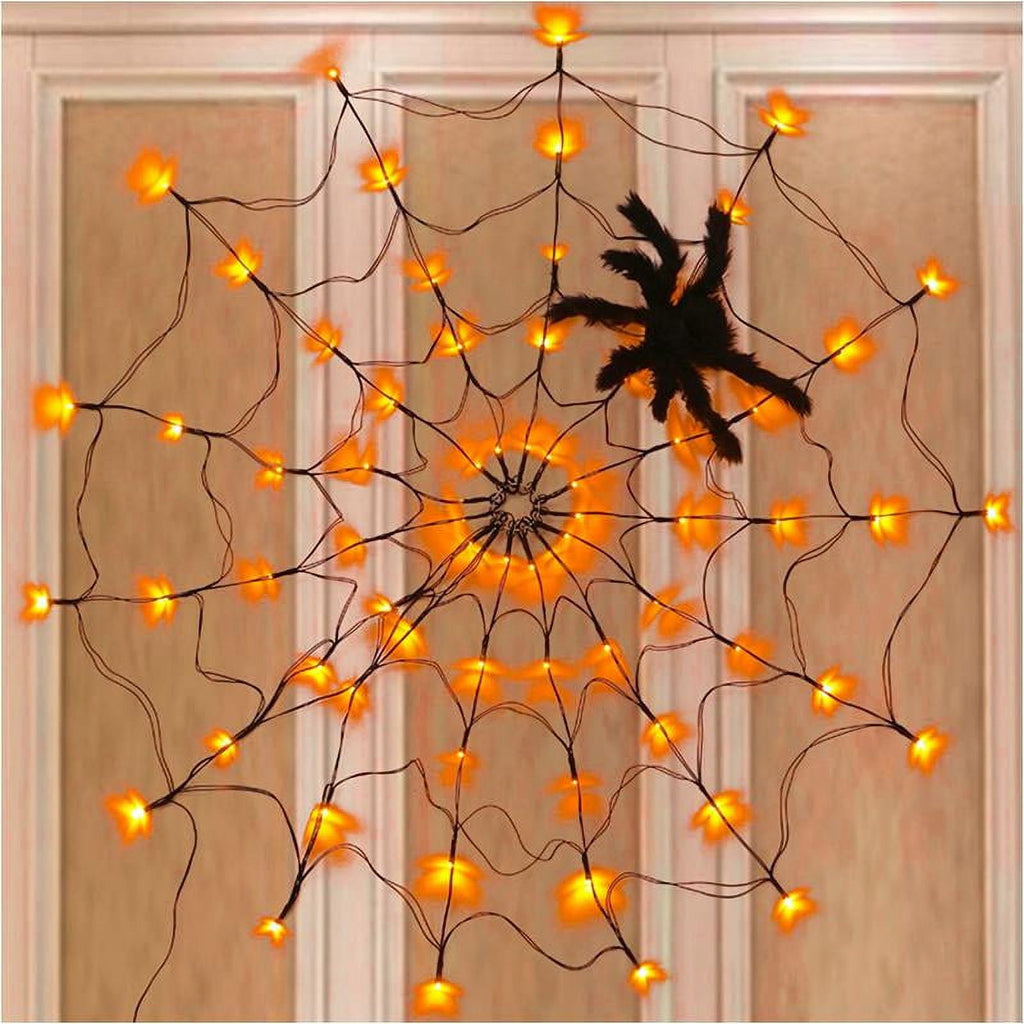 Halloween Decorations Spider Web Lights, 70 LED 8 Modes Battery Operated Waterproof Net Lights with Black Spider, Halloween Indoor Outdoor Orange