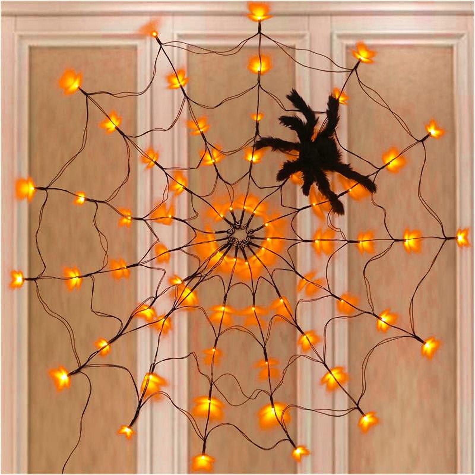 Halloween Decorations Spider Web Lights, 70 LED 8 Modes Battery Operated Waterproof Net Lights with Black Spider, Halloween Indoor Outdoor Orange
