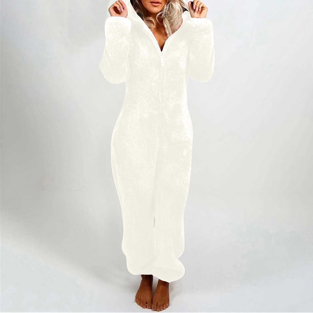 QATAINLAV Sherpa Fleece Jumpsuit for Women Winter Warm Fuzzy Onesie Pajamas Cute Cat Hooded Romper Casual Zip Up Overalls Sleepwear Black XL