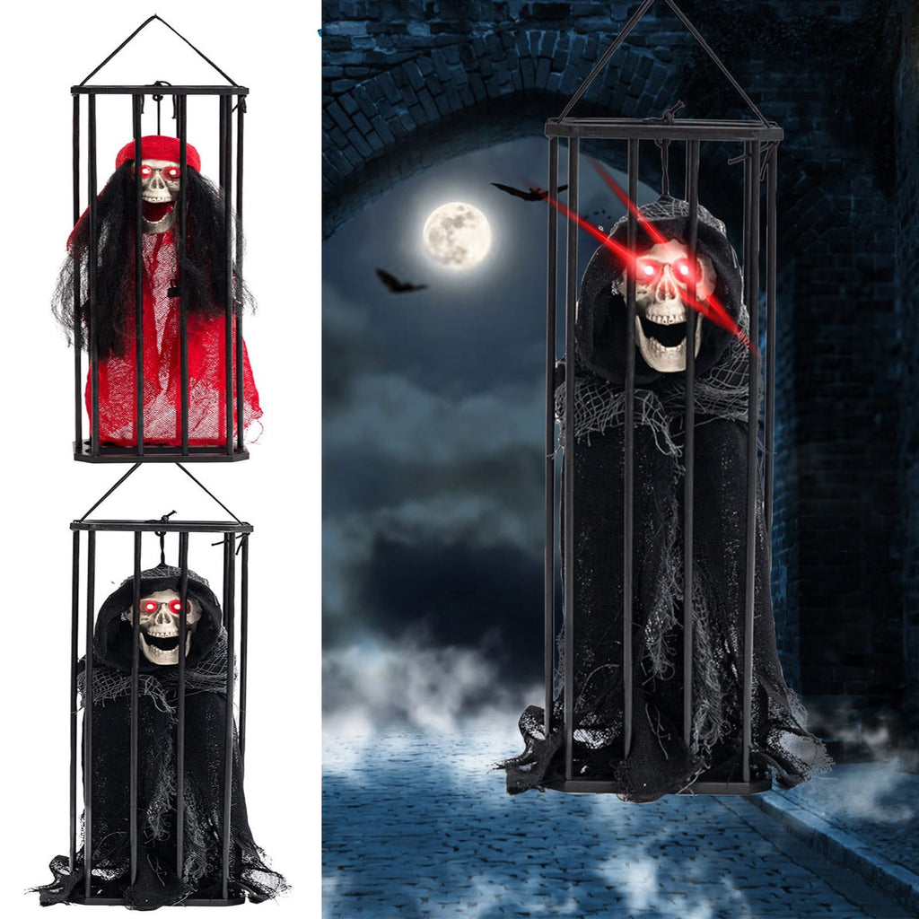XEOVHV Animated Halloween Decoration,Animated Skull Ghost Hanging Decoration Prop with Spooky Sound Sound & Touch Activated Sensor Prisoner Haunted House Decor for Home Indoor Outdoor Decoration