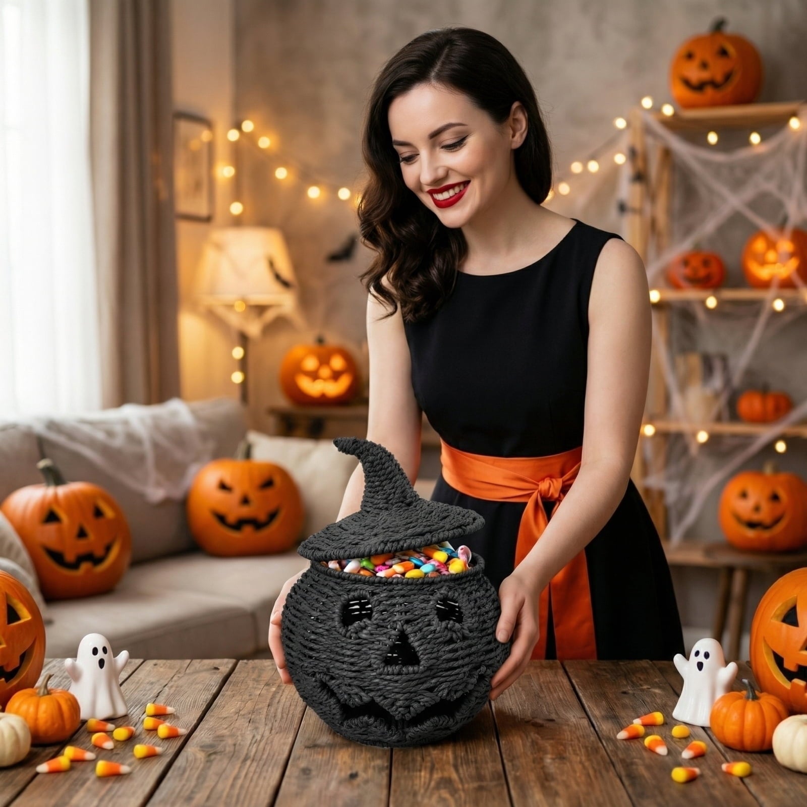 2026 Halloween Black Woven Seagrass Pumpkin Storage Basket with Lid, Fall Indoor Home Decorations for Halloween Party Home Halloween Decor, 10.2 inch
