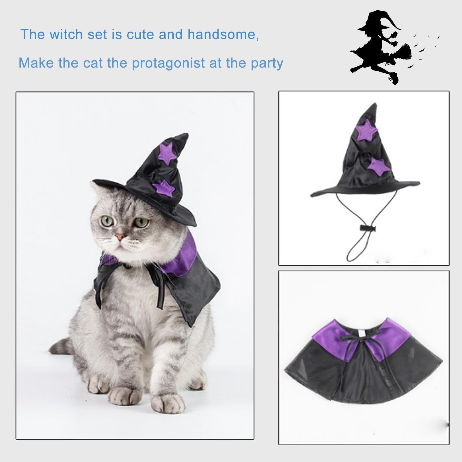 WILLED Halloween Pet Costumes, Cat Wizard Costume, Dog Witch Cloak & Hat, Purple Witch Cloak for Cats, Dogs, Kittens, Puppies, Rabbits, Perfect for Halloween, Parties, Cosplay, and Daily Wear
