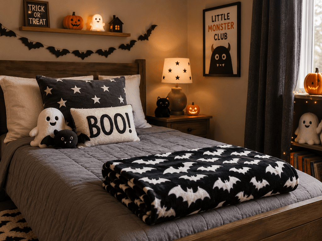 Serafina Home Halloween Throw Blanket: Fuzzy Boo! Jack O'Lantern Spider Webs Skull and Black Cats Print on Velvet Fleece for Sofa Bed Couch Chair Dorm