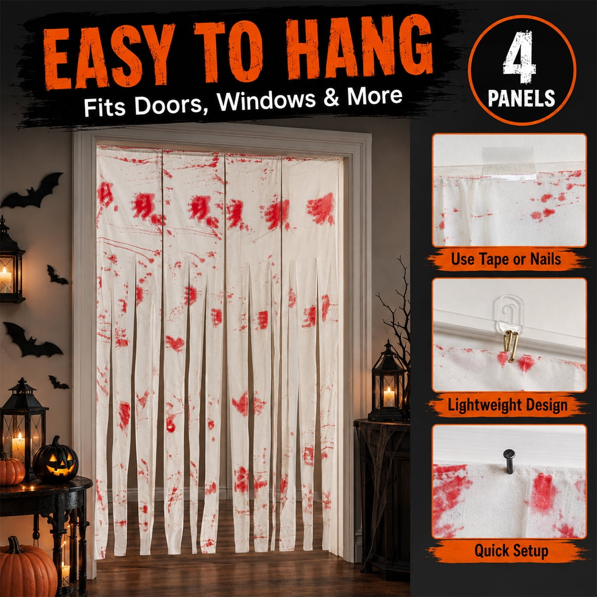 Halloween Doorway Curtain Haunted House Decoration Door Window Curtain with Bloody Prints Bloody Creepy Cloth for Halloween Party Supplies 65 x 39 Inch White 4 Pcs