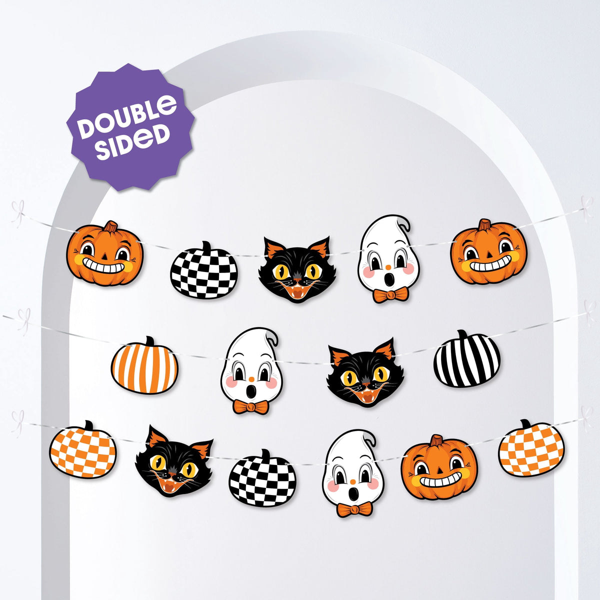Big Dot of Happiness Vintage Halloween Garland Banner, Retro Kids Halloween or Birthday Party Decorations Backdrop, 30 Feet of Cord, 15 Paper Assorted Black Cat, Pumpkin, and Ghost Shapes