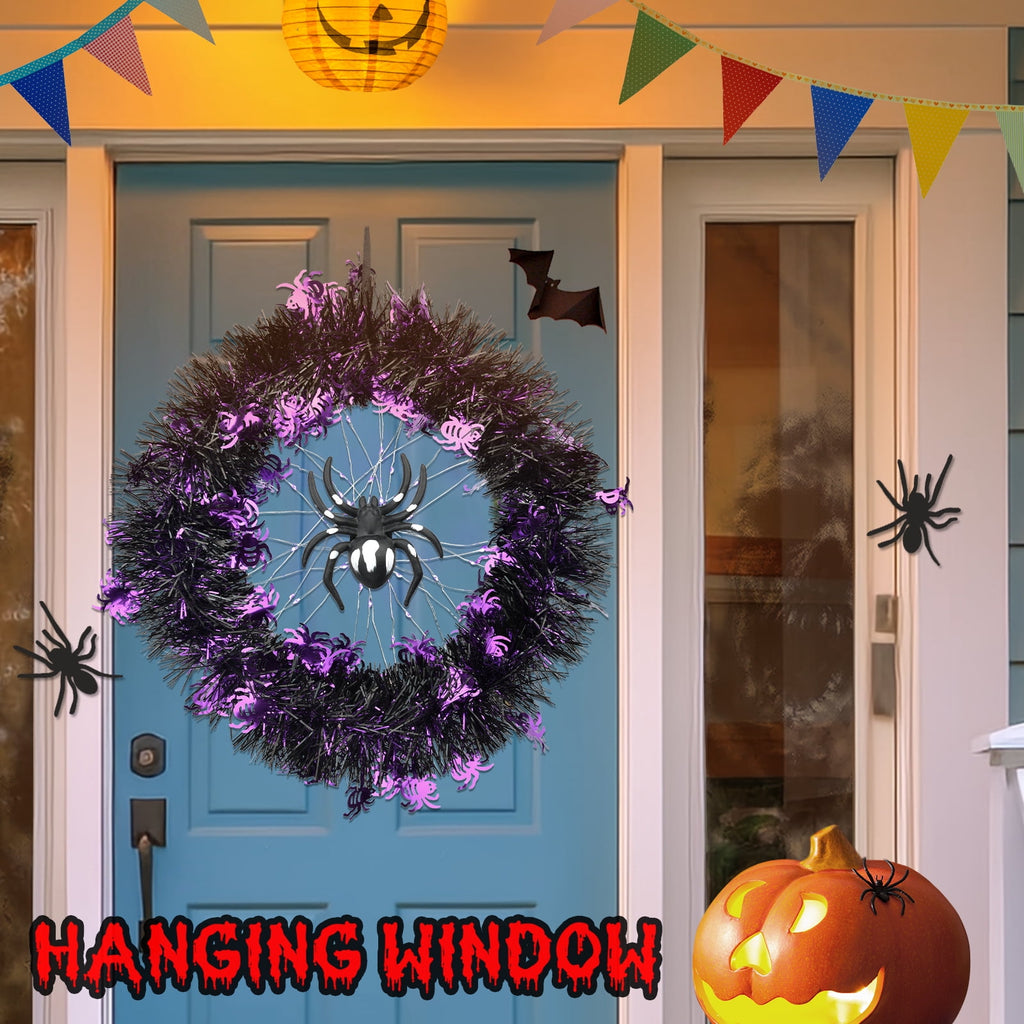 Halloween Wreath Halloween Spider Decorations Wreath with Lights, Halloween Spider Garland LED Halloween Door Wreath for Halloween Party, Halloween Decorations Outdoor Indoor Wall and Window