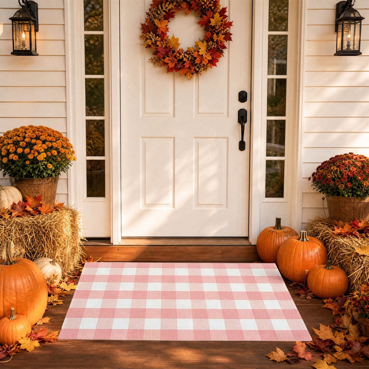 Orange Plaid Fall Outdoor Mat, Hand-Woven Porch Rug for Thanksgiving Halloween Door Decor