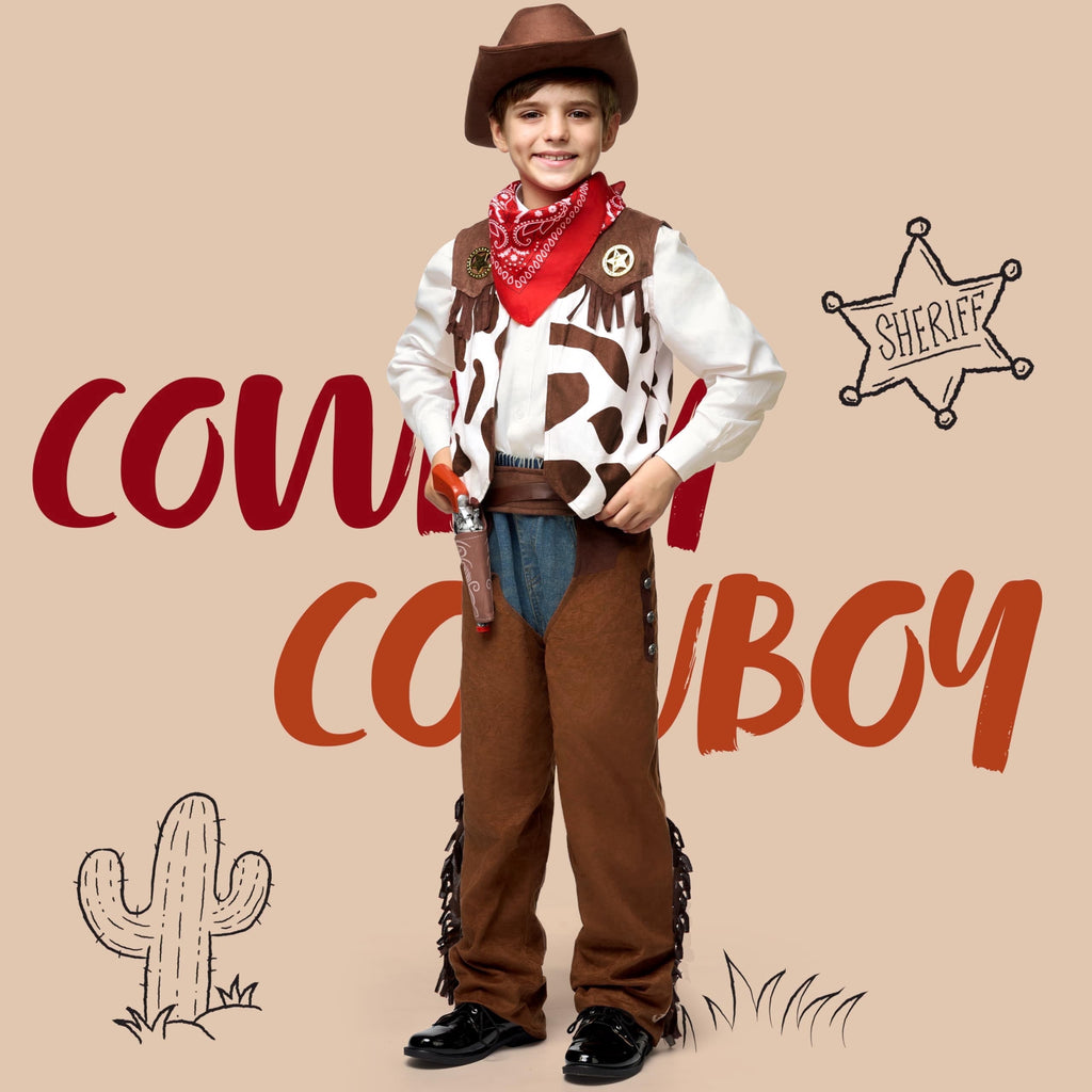 Joyfy Halloween Cowboy Costume for Boys, Kids Cowboy Costume Set, Brown Western Style Cowboy Outfit with Cowboy Hat for Toddler Dress-up Party Cosplay