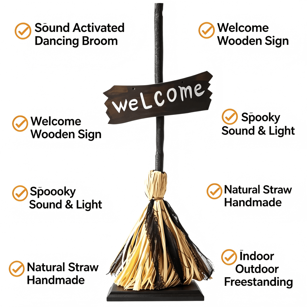 Halloween Witches Decor, Witches Broom Halloween Decor, Animated Floating Broomstick for Spooky Sounds, Haunted Party Decorations, Light-up Dancing Magic Witch Broom Porch Decor