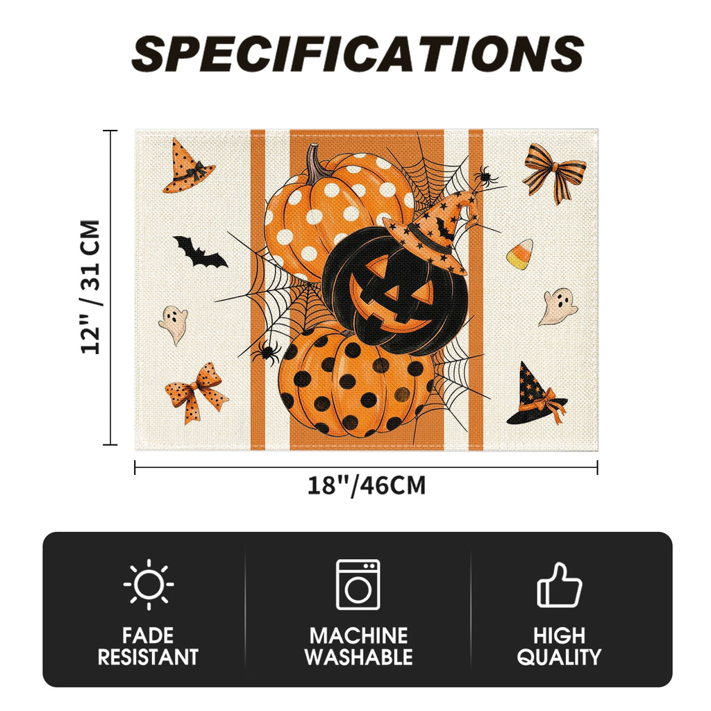 Smile Jack-O'-Lantern Spider Web Halloween Table Placemats Set of 4 Round 15 Inch Black