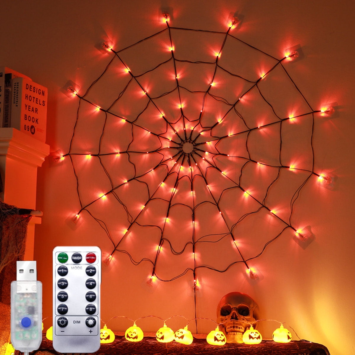 70Led 3.28FT Giant Spider Web Lights with Hairy Spider and Cobweb for Lighted Halloween Decorations Outdoor Halloween Window Decorations Wall Garden Patio Yard Decor