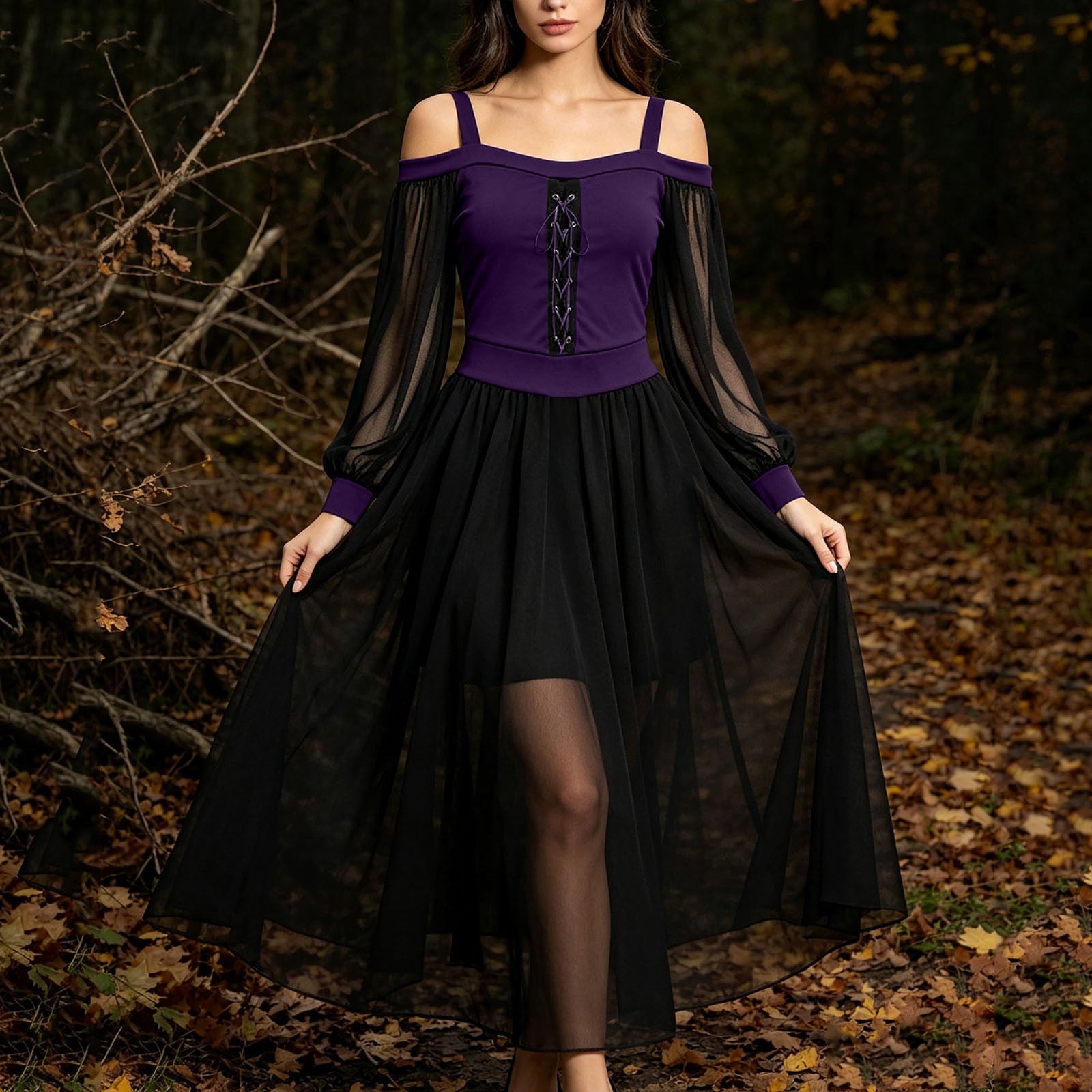 JOANKDMI Women's Gothic Midi Dress Elegant Vampire Costume Cold Shoulder Sheer Long Sleeve Lace-up Corset for Roleplay Halloween Party Outfit Chic, S-3XL