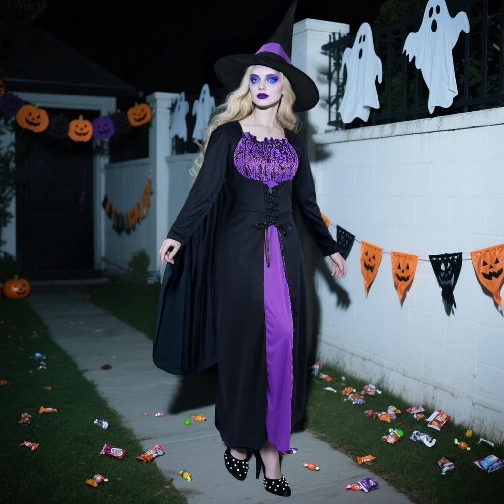 Women's Witch Costume Halloween Gothic Witch Dress with Witches Cape and Wicked Witches Hat