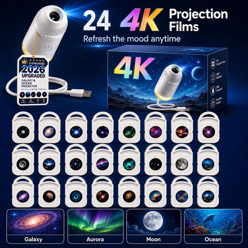2026 New Upgraded 4K Smart Dynamic 5D Holographic Night Light Projector, 2-in-1 Galaxy & Ocean Star Ceiling Projector with 24 HD Films, 360° Flexible USB Powered Lamp for Bedroom Decor & Car GIft