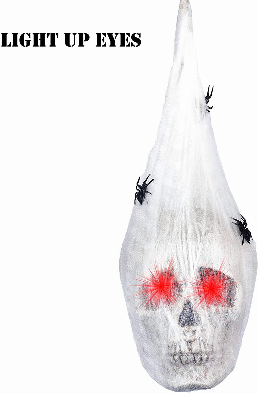 Petmoko Halloween Animated Hanging Skulls Head Covered with Spider Webs and Light Up Eyes, Halloween Hanging Decorations, Halloween Party Decorations, Outdoor Lawn Decor, Halloween Wall Hanging Decor