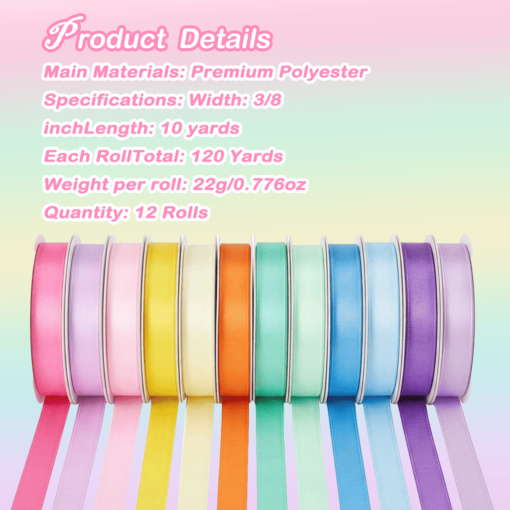 Yarniss Satin Ribbon Roll, 3/8 Inch, Double Faced Polyester, 20 Rolls, 100 Yards, for Crafts & Gift Wrapping