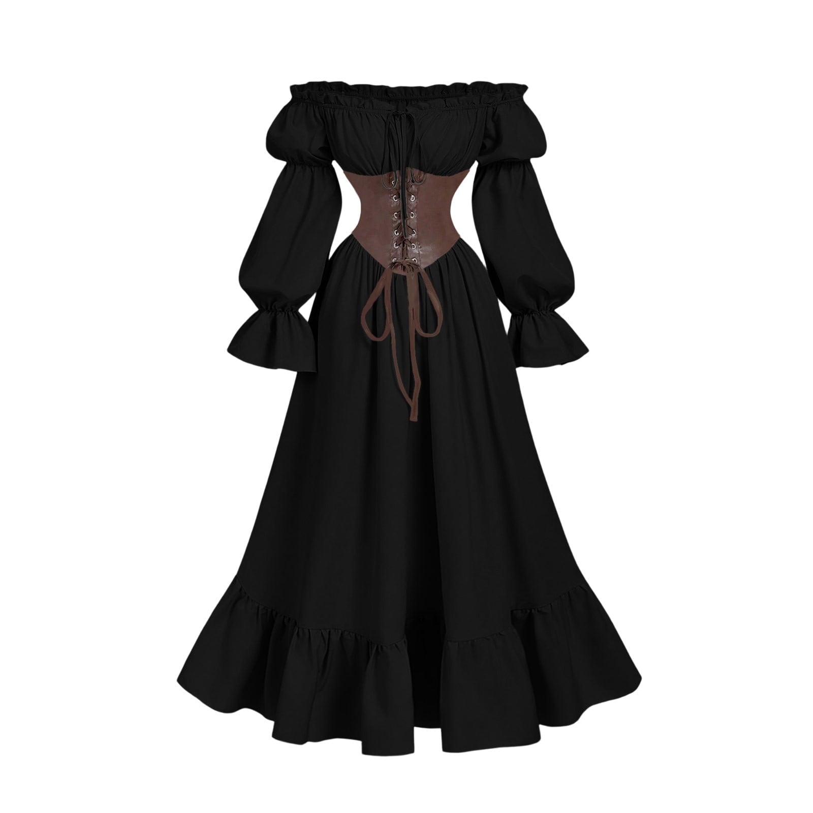 QATAINLAV Renaissance Costume Women Vintage Medieval Dress Cold Shoulder Short Sleeve Peasant Pirate Irish Maxi Dresses, Black, L