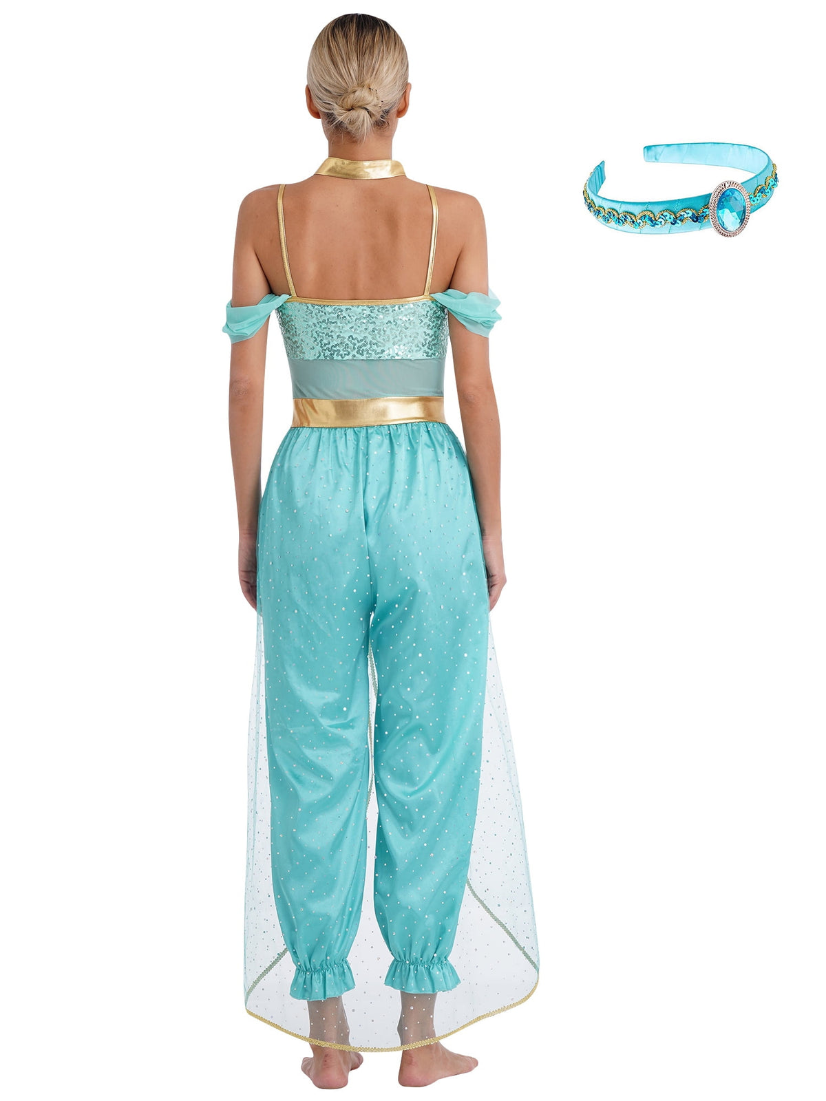 YiZYiF Women's Arabian Princess Dance Costume Halloween Party Fancy Dress Shiny Belly Dance Jumpsuit Turquoise B M