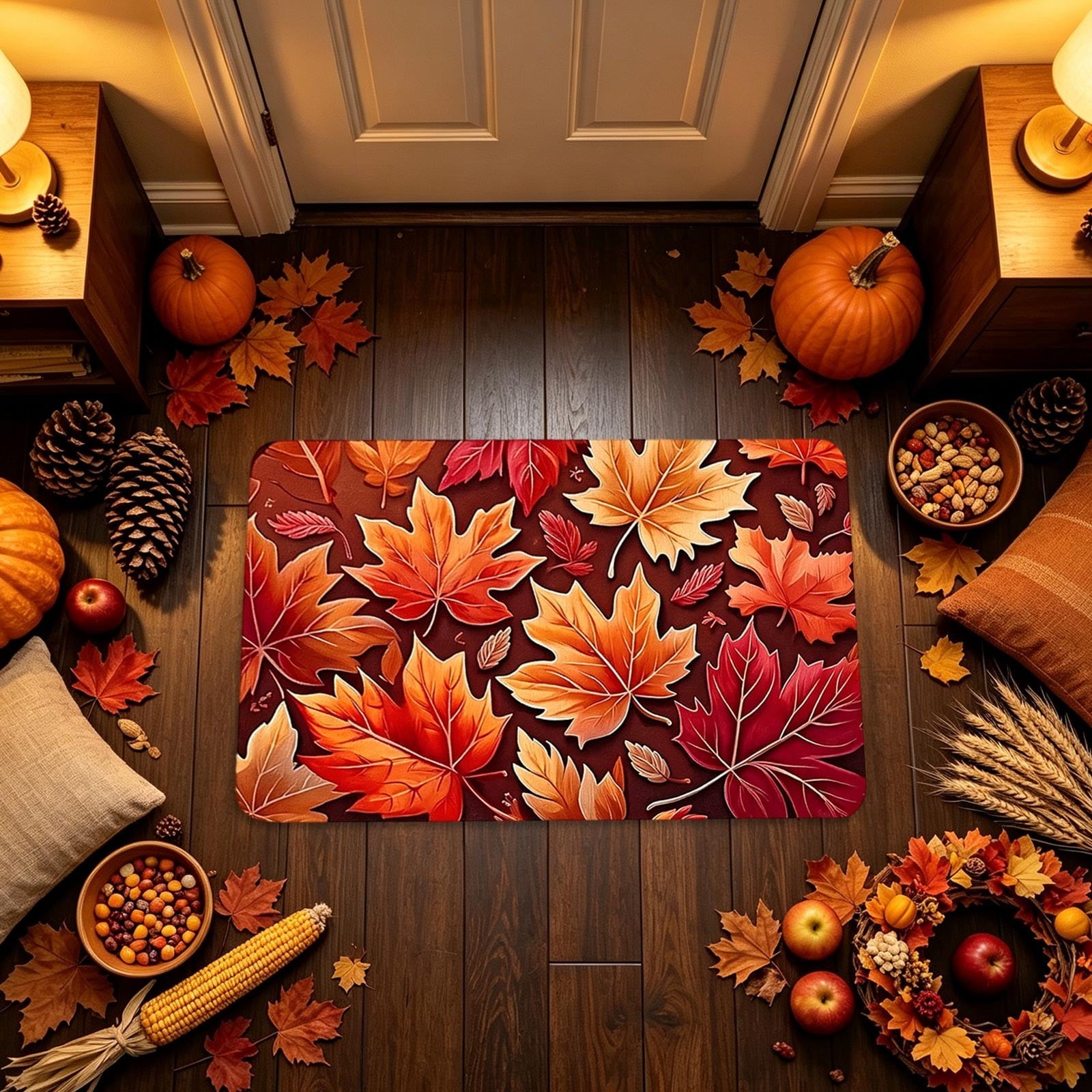 syligr Halloween Thanksgiving Doormat with Maple Leaf & Pumpkin Patterns - Non-Slip Floor Mat for Entryway, Kitchen, Porch, Fall Harvest Decor Rug with Anti-Fatigue Backing, Gift for Thanksgiving