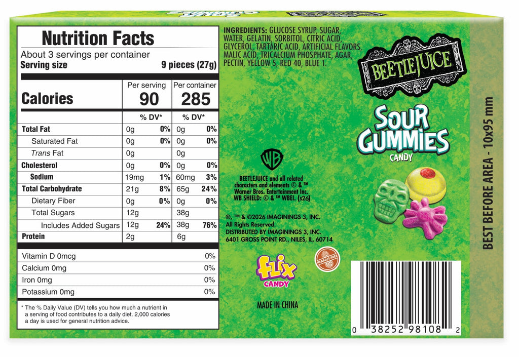 Flix Candy Beetlejuice Sour Gummy Candy, 3 oz Theater Box, Halloween Treats