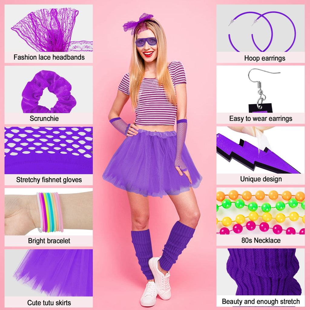 Loritta 80s Costumes for Women Fancy Outfit Accessories Set with Fishnet Gloves Leg Warmers Tutu Skirts for Theme Party
