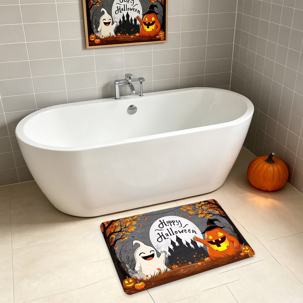 Halloween Doormat Ghost Bath Mat 23.6x15.7in Secure-Grip Absorbent Soft Faux Fur Rug for Bathroom Bedroom Living Room Decor by OVFUIZ