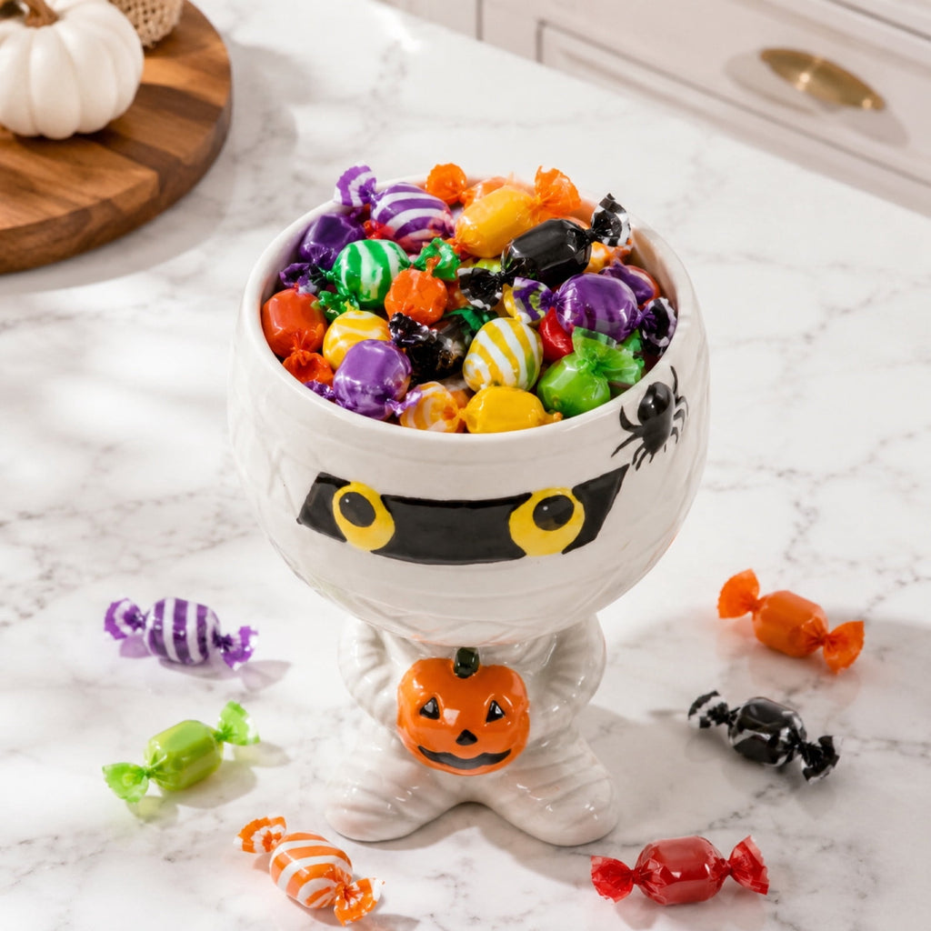 Diceymbol Halloween Pumpkin Snack Bowl Stand Collapsible Broomstick Candy Tray for Cupcakes & Desserts, Resin Serving Platter with Ceramic Pumpkin Bowls