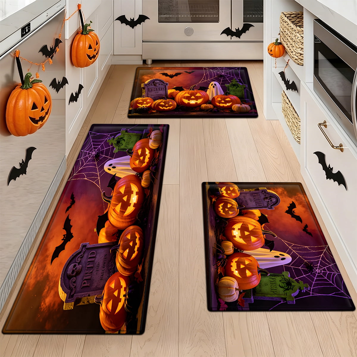 YIMEIS Halloween Pumpkin Lantern 3Pcs Flannel Mat & Kitchen Rugs Set,16''×24'' 20''×30'' 17''×47'' Inches,Soft Non-slip for Home Bathroom